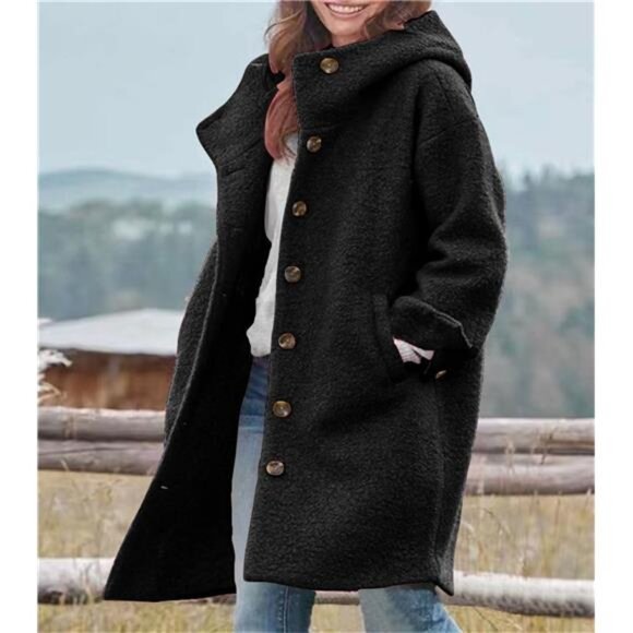 Women's Winter Single Breasted Long Wool Coat Black - Picture 3 of 3